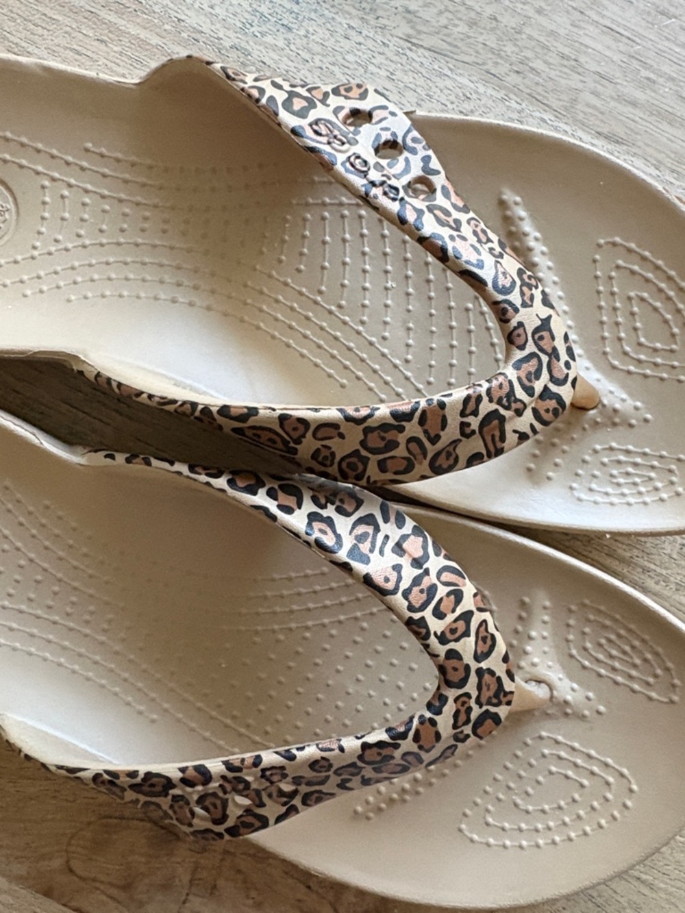 CROCS Women’s Tan Flip Flop Sandals with Leopard-Print Straps - Picture 5 of 5